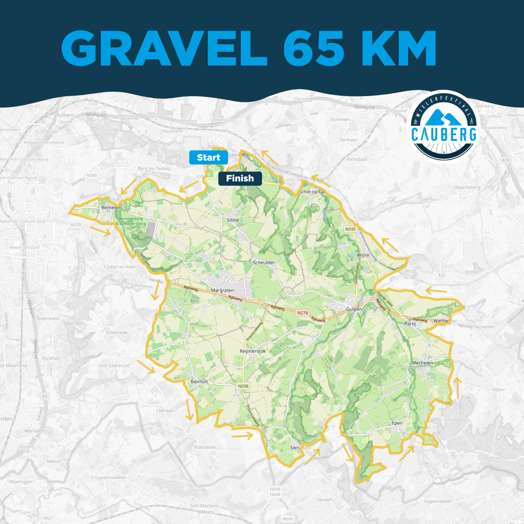 Routekaartje 65 kilometer Gravel Ride Cauberg Wielerfestival Cauberg